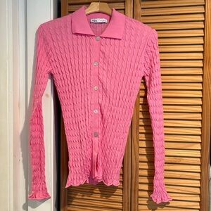 Zara Pink Textured Knit Button Down Long Sleeved Top Medium